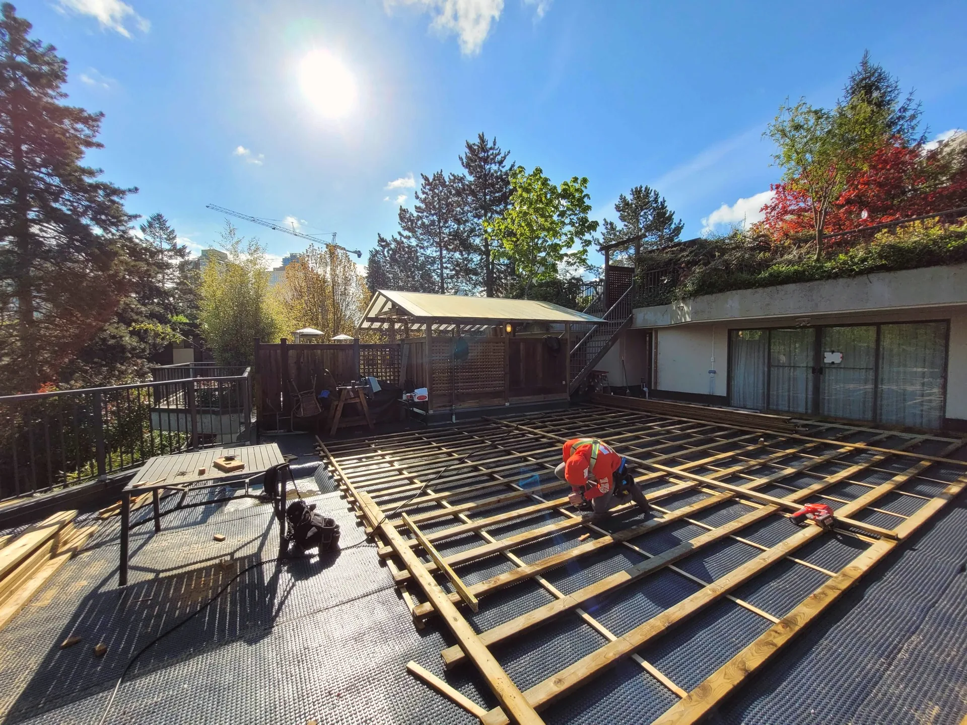 Framing in progress for elevated deck renovation