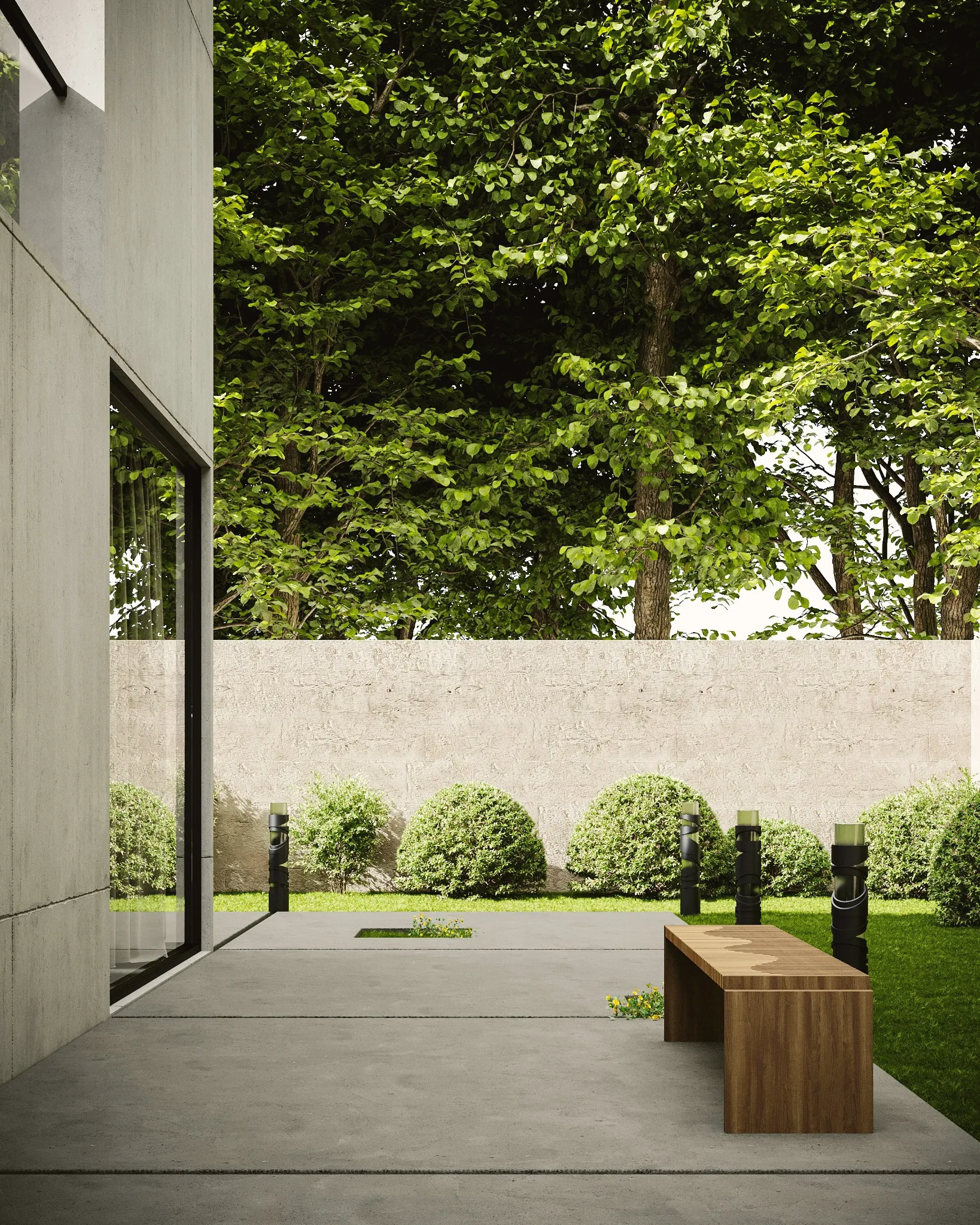 Modern home exterior with exposed concrete slab and wood soffit