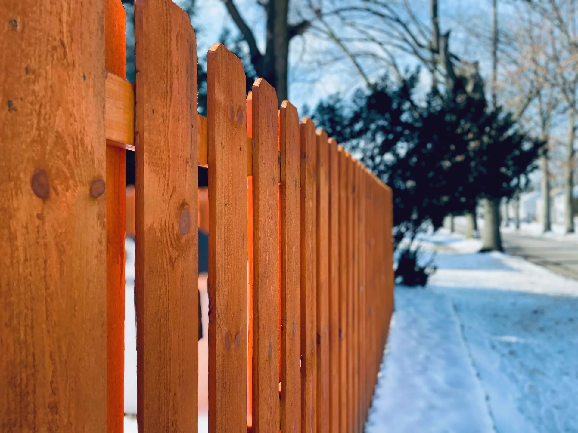 Close-up view of cedar fence boards with blurred snowy background
